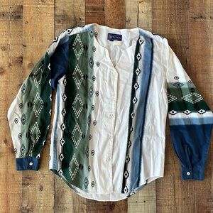 Women’s 90’s Green and Blue Native Patterned western long sleeve Shirt women’s m